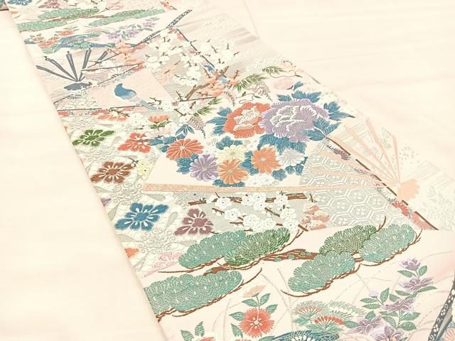 平和屋着物◎六通柄袋帯 唐織 扇面花鳥文 銀糸 正絹 逸品 BAAU0641mz