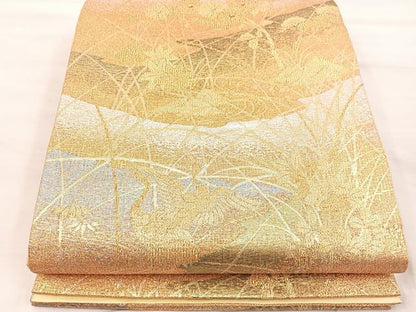 平和屋着物◎六通柄袋帯 群鶴花文 金糸 正絹 逸品 BAAU0644mz