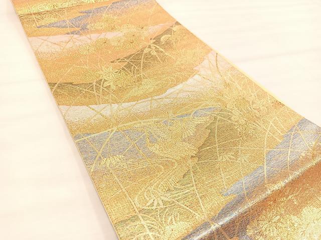 平和屋着物◎六通柄袋帯 群鶴花文 金糸 正絹 逸品 BAAU0644mz