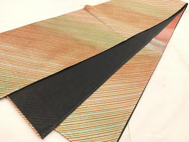 平和屋着物◎六通柄袋帯　斜線文　金糸　正絹　逸品　BAAU0648mz