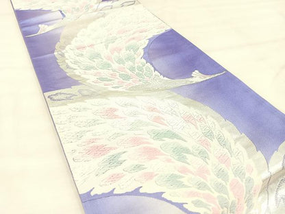 平和屋着物◎六通柄袋帯　唐織　孔雀　銀糸　正絹　逸品　BAAU0654mz