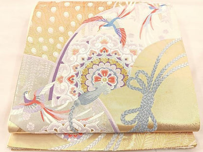 平和屋着物◎六通柄袋帯　唐織　孔雀花鳥文　金糸　正絹　逸品　BAAU0657mz