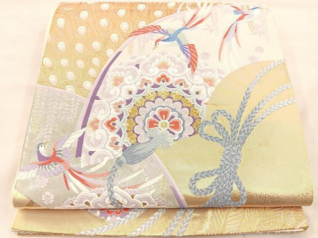 平和屋着物◎六通柄袋帯　唐織　孔雀花鳥文　金糸　正絹　逸品　BAAU0657mz