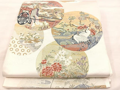 平和屋着物◎六通柄袋帯　唐織　群鶴御所車花丸文　金糸　正絹　逸品　BAAU0658mz