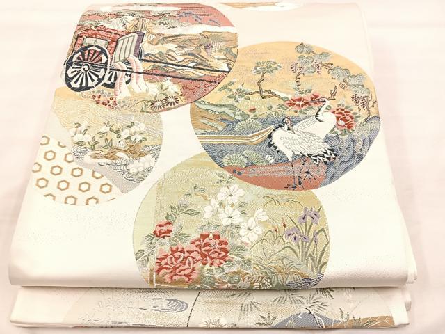 平和屋着物◎六通柄袋帯　唐織　群鶴御所車花丸文　金糸　正絹　逸品　BAAU0658mz