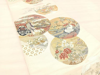 平和屋着物◎六通柄袋帯　唐織　群鶴御所車花丸文　金糸　正絹　逸品　BAAU0658mz