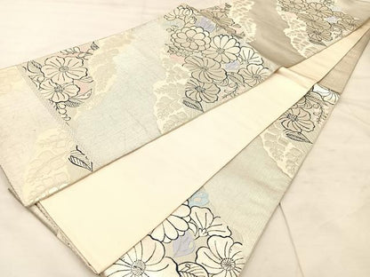 平和屋着物◎六通柄袋帯　唐織　草花文　銀糸　正絹　逸品　BAAU0701mz