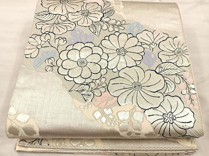 平和屋着物◎六通柄袋帯　唐織　草花文　銀糸　正絹　逸品　BAAU0701mz
