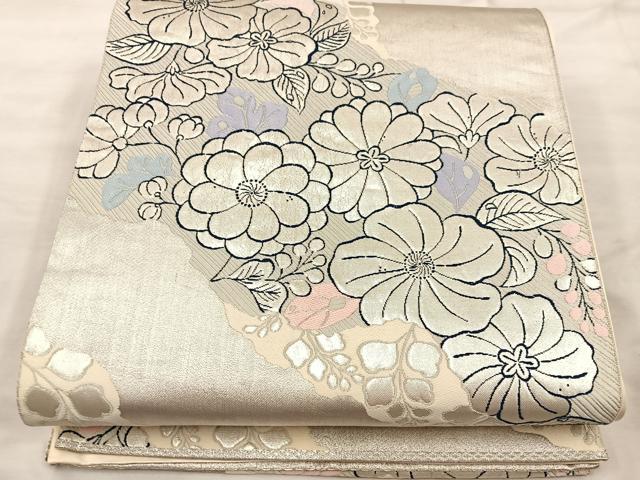 平和屋着物◎六通柄袋帯　唐織　草花文　銀糸　正絹　逸品　BAAU0701mz