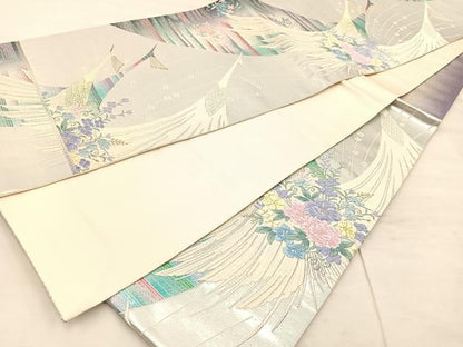 平和屋着物◎六通柄袋帯 唐織 飛鶴花文 金糸 正絹 逸品 BAAU0707mz
