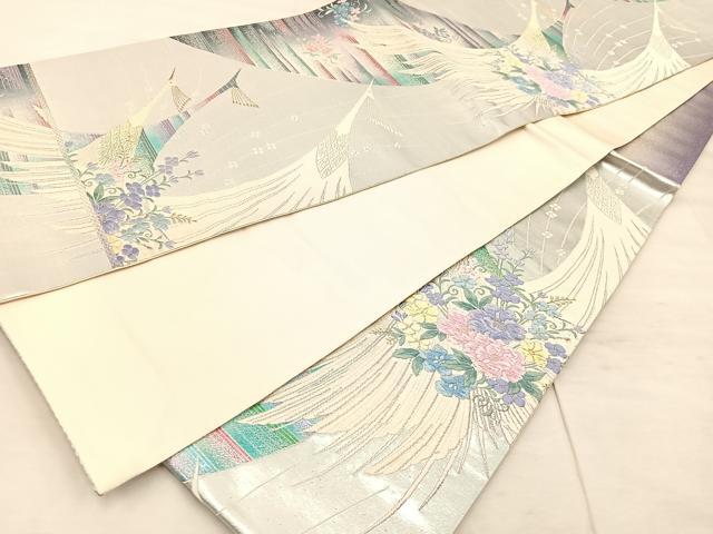 平和屋着物◎六通柄袋帯 唐織 飛鶴花文 金糸 正絹 逸品 BAAU0707mz