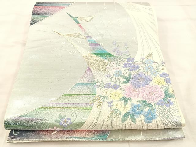 平和屋着物◎六通柄袋帯 唐織 飛鶴花文 金糸 正絹 逸品 BAAU0707mz