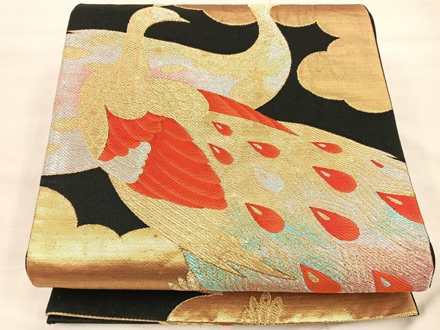 平和屋着物◎六通柄袋帯　唐織　孔雀　黒地　金銀糸　正絹　逸品　BAAU0708mz