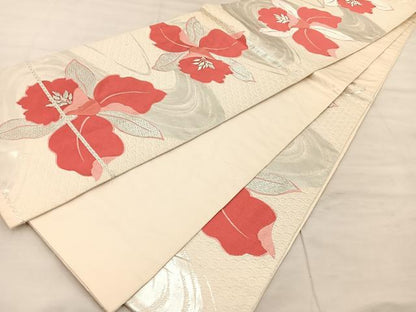 平和屋着物◎六通柄袋帯　唐織　カトレア　銀糸　正絹　逸品　BAAU0717mz