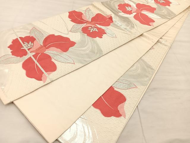 平和屋着物◎六通柄袋帯　唐織　カトレア　銀糸　正絹　逸品　BAAU0717mz