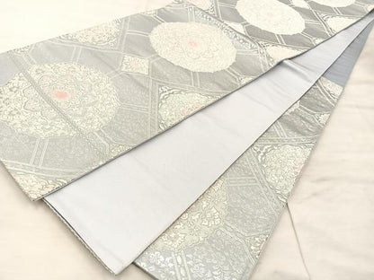 平和屋着物◎六通柄袋帯　唐織　正倉院花文　銀彩　正絹　逸品　BAAU0722mz