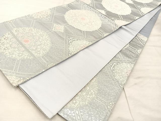 平和屋着物◎六通柄袋帯　唐織　正倉院花文　銀彩　正絹　逸品　BAAU0722mz