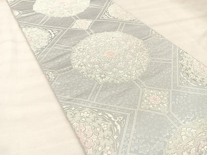 平和屋着物◎六通柄袋帯　唐織　正倉院花文　銀彩　正絹　逸品　BAAU0722mz