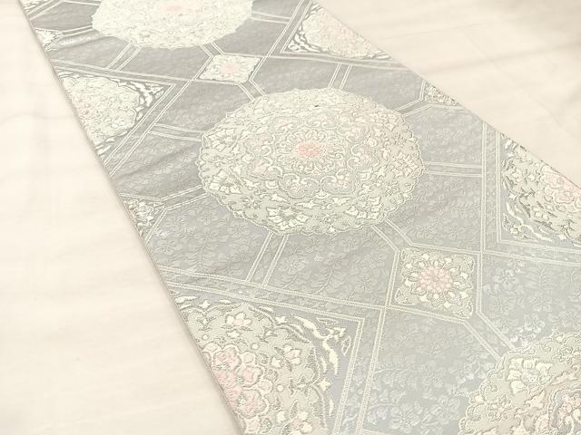 平和屋着物◎六通柄袋帯　唐織　正倉院花文　銀彩　正絹　逸品　BAAU0722mz