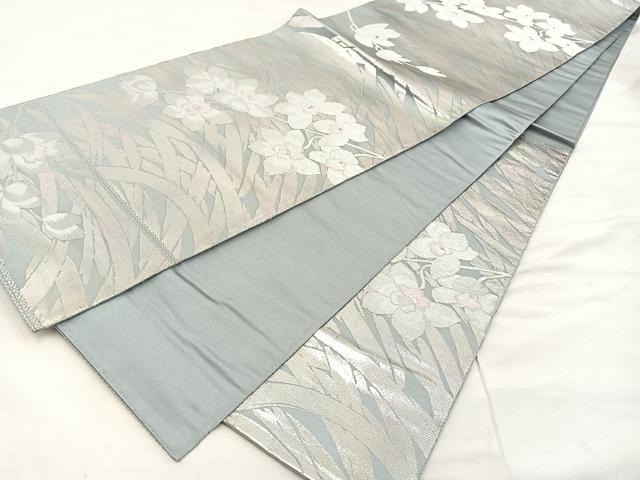 平和屋着物◎六通柄袋帯 枝花文 銀糸 正絹 逸品 BAAU0729mz