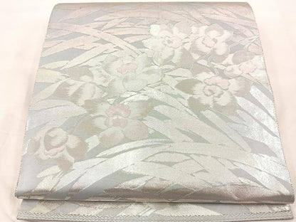 平和屋着物◎六通柄袋帯 枝花文 銀糸 正絹 逸品 BAAU0729mz