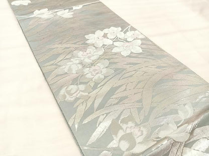 平和屋着物◎六通柄袋帯 枝花文 銀糸 正絹 逸品 BAAU0729mz