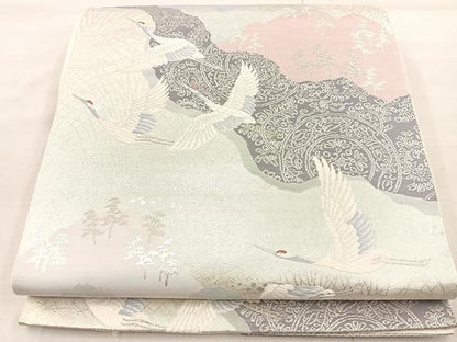 平和屋着物◎六通柄袋帯　唐織　飛鶴文　銀糸　正絹　逸品　BAAU0732mz