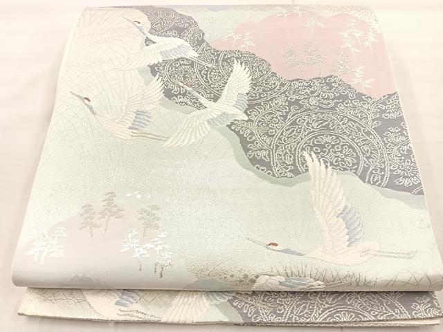 平和屋着物◎六通柄袋帯　唐織　飛鶴文　銀糸　正絹　逸品　BAAU0732mz