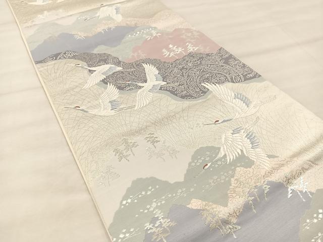 平和屋着物◎六通柄袋帯　唐織　飛鶴文　銀糸　正絹　逸品　BAAU0732mz