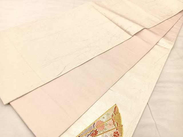 平和屋着物◎太鼓柄袋帯　総刺繍　駒刺繍　檜扇花文　金銀糸　引箔　正絹　逸品　BAAU0757mz