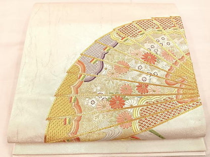 平和屋着物◎太鼓柄袋帯　総刺繍　駒刺繍　檜扇花文　金銀糸　引箔　正絹　逸品　BAAU0757mz