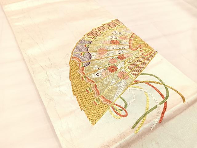 平和屋着物◎太鼓柄袋帯　総刺繍　駒刺繍　檜扇花文　金銀糸　引箔　正絹　逸品　BAAU0757mz