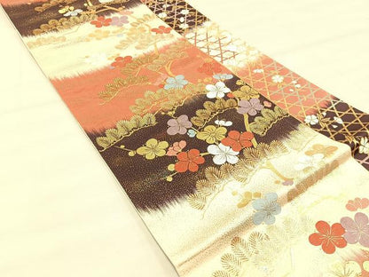 平和屋着物◎六通柄袋帯　唐織　枝梅文　金糸　正絹　逸品　BAAU0766mz