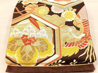 平和屋着物◎六通柄袋帯　唐織　鳳凰鼓花文　金銀糸　正絹　逸品　BAAU0780mz
