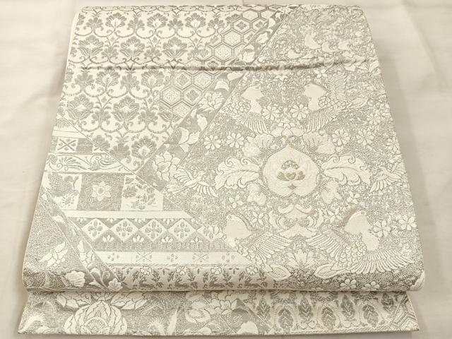 平和屋着物◎六通柄袋帯　唐織　花鳥文　銀糸　正絹　逸品　BAAU0786mz