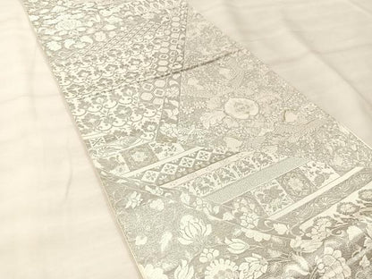 平和屋着物◎六通柄袋帯　唐織　花鳥文　銀糸　正絹　逸品　BAAU0786mz