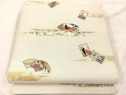 平和屋着物◎太鼓柄袋帯　刺繍　綴れ　地紙重ね人物文　金銀彩　正絹　逸品　BAAU0788mz