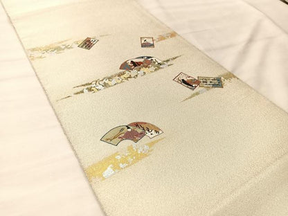 平和屋着物◎太鼓柄袋帯　刺繍　綴れ　地紙重ね人物文　金銀彩　正絹　逸品　BAAU0788mz