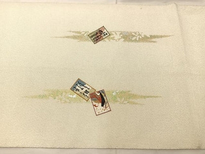 平和屋着物◎太鼓柄袋帯　刺繍　綴れ　地紙重ね人物文　金銀彩　正絹　逸品　BAAU0788mz