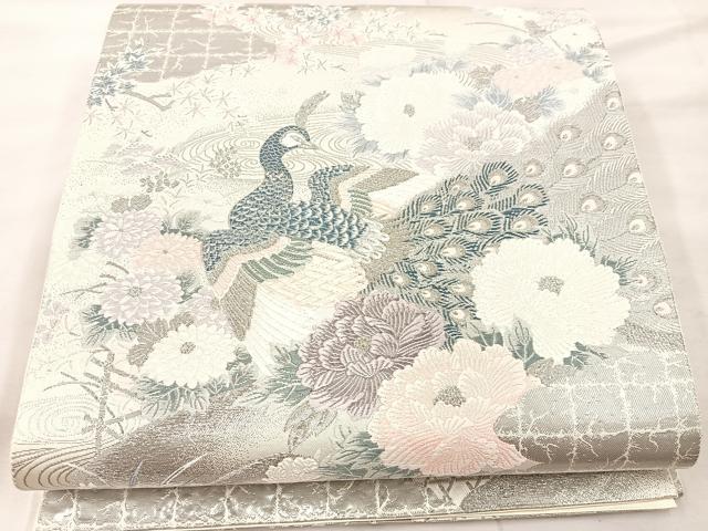 平和屋着物◎六通柄袋帯　唐織　草華孔雀文　九百プラチナ箔　正絹　逸品　BAAU0790mz