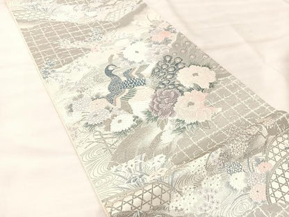 平和屋着物◎六通柄袋帯　唐織　草華孔雀文　九百プラチナ箔　正絹　逸品　BAAU0790mz
