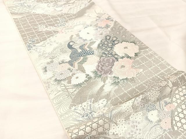 平和屋着物◎六通柄袋帯　唐織　草華孔雀文　九百プラチナ箔　正絹　逸品　BAAU0790mz