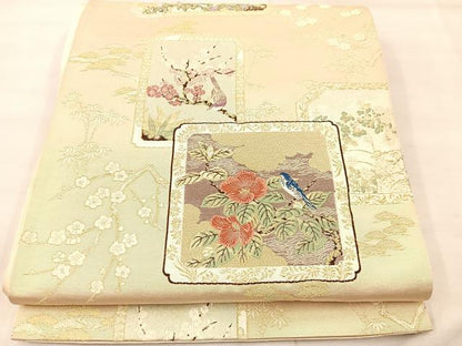 平和屋着物◎六通柄袋帯 花鳥文 金糸 正絹 逸品 BAAU0793mz