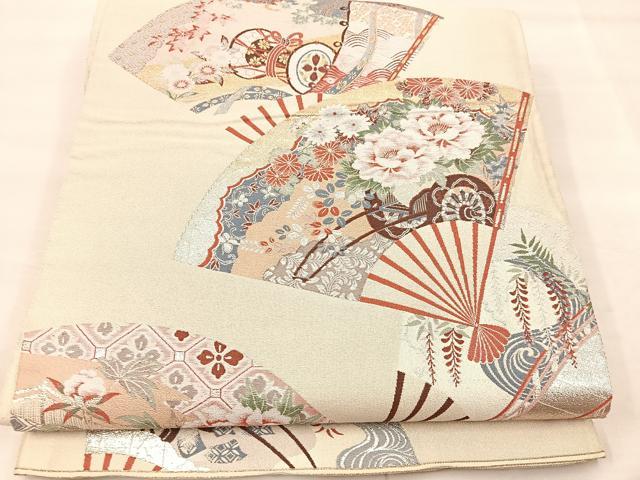 平和屋着物◎六通柄袋帯　扇面鼓花文　金銀糸　正絹　逸品　BAAU0794mz