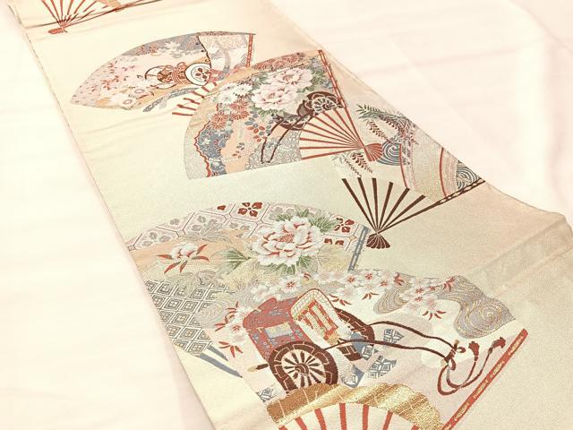 平和屋着物◎六通柄袋帯　扇面鼓花文　金銀糸　正絹　逸品　BAAU0794mz