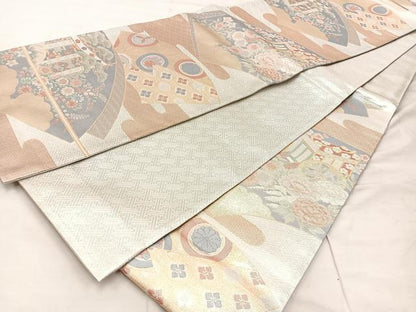 平和屋着物◎佐賀錦　六通柄袋帯　御所車花文　金銀糸　正絹　逸品　BAAU0797mz