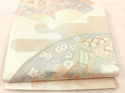平和屋着物◎佐賀錦　六通柄袋帯　御所車花文　金銀糸　正絹　逸品　BAAU0797mz
