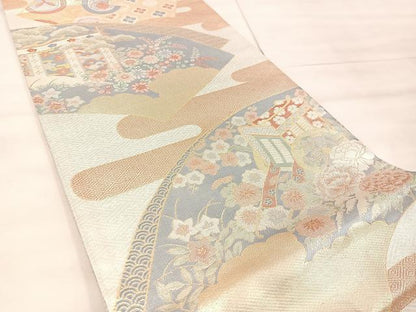 平和屋着物◎佐賀錦　六通柄袋帯　御所車花文　金銀糸　正絹　逸品　BAAU0797mz