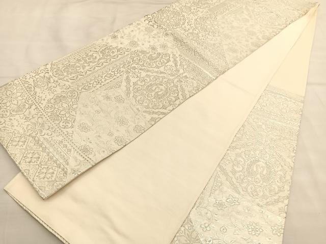 平和屋着物◎六通柄袋帯 向かい鳥花文 銀糸 正絹 逸品 BAAU0807hv