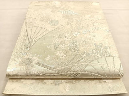 平和屋着物◎六通柄袋帯 唐織 美保姿 扇面花車文 銀糸 正絹 逸品 BAAU0810hv